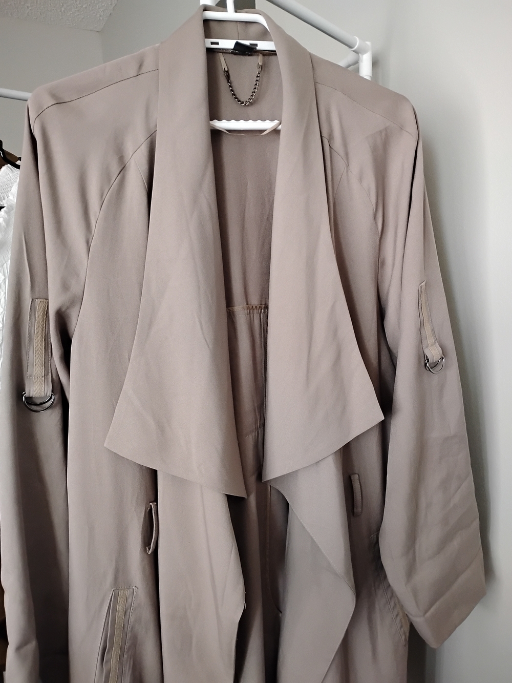 S Oliver Women’s Beige Draped Open-Front Long Sleeve Water Fall Wrap Trench Coat